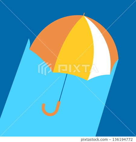 Colorful open umbrella in orange, yellow, white panels, floating against vibrant blue sky background, minimalist flat style illustration 136194772