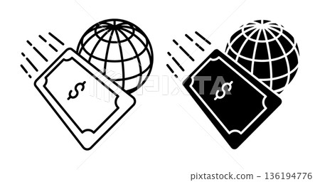 Linear isometric icon. Money bills with dollar sign overlapping globe with speed streaks, global finance and cash flow. Simple vector isolated on white background Linear isometric icon. Money bills with dollar sign overlapping globe with speed streaks, global finance and cash flow. Simple vector isolated on white background 136194776