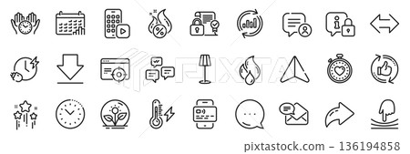 Lock, Charging time and Chat messages line icons pack. Share, Message, Paper plane icons. Seo targeting, Refresh like, New mail web icon. Calendar graph, Card, Hot loan pictogram. Vector Lock, Charging time and Chat messages line icons pack. Share, Message, Paper plane icons. Seo targeting, Refresh like, New mail web icon. Calendar graph, Card, Hot loan pictogram. Vector 136194858