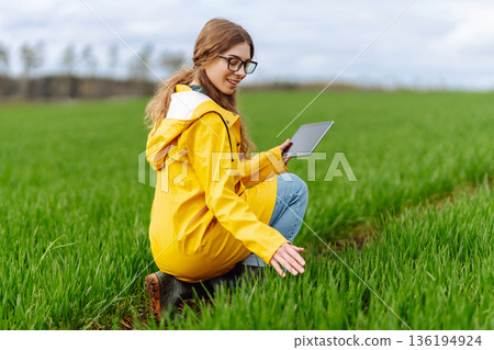 The woman agronomist uses a tablet, applications for monitoring the state of the field, plant The woman agronomist uses a tablet, applications for monitoring the state of the field, plant 136194924