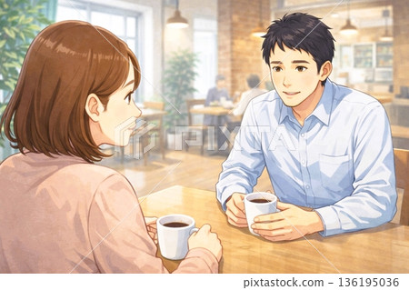 A couple in their 20s and 30s talking at a cafe 136195036