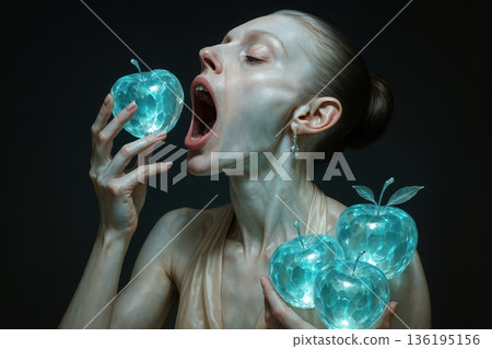 Surreal Portrait Of Elegant Woman Consuming Glowing Crystalline Blue Apples 136195156