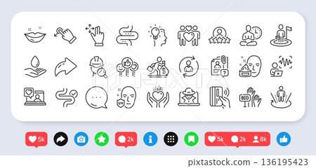 Uv protection, Fraud and Human rating line icons pack. Social media: share, comment, like icons. Love couple, Inspect, Leadership web icon. Digestion, Bid offer, Salary pictogram. Vector Uv protection, Fraud and Human rating line icons pack. Social media: share, comment, like icons. Love couple, Inspect, Leadership web icon. Digestion, Bid offer, Salary pictogram. Vector 136195423