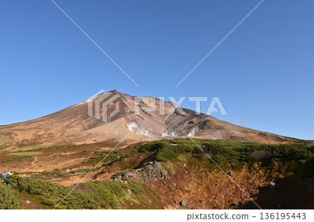 View of Jigokudani and volcanic smoke from the Sugatami area of Mount Asahidake in Hokkaido 136195443