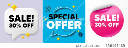 Sale speech bubble. 3d sparkles chat, Paper sticker. Sale 30 percent off discount. Promotion price offer sign. Retail badge symbol. Special offer bubble. Halftone dots pattern. Vector Sale speech bubble. 3d sparkles chat, Paper sticker. Sale 30 percent off discount. Promotion price offer sign. Retail badge symbol. Special offer bubble. Halftone dots pattern. Vector 136195489