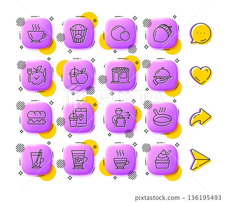 Juice, Restaurant food and Vegetarian food line icons. App 3d buttons. Social media comment, share, like icons. Pack of Tea mug, Burger, Market icon. Popcorn, Frappe, Coffee pictogram. Vector Juice, Restaurant food and Vegetarian food line icons. App 3d buttons. Social media comment, share, like icons. Pack of Tea mug, Burger, Market icon. Popcorn, Frappe, Coffee pictogram. Vector 136195493