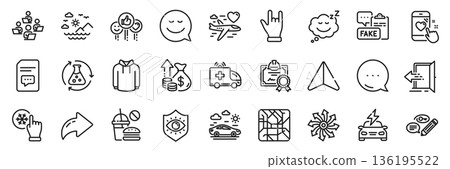 Car travel, Eye protection and Comments line icons pack. Share, Message, Paper plane icons. Versatile, Fast food, Entrance web icon. Hoody, Freezing click, Sea mountains pictogram. Vector 136195522