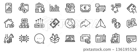 Change card, Loan house and Money line icons pack. Share, Message, Paper plane icons. Calendar graph, Report, Deflation web icon. Stress grows, Loan percent, Accounting pictogram. Vector 136195526