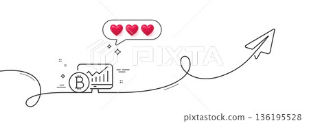 Bitcoin graph line icon. Continuous line with share plane. Cryptocurrency analytics sign. Crypto money statistics symbol. Hearts rate review in speech bubble. Bitcoin chart single line ribbon. Vector 136195528