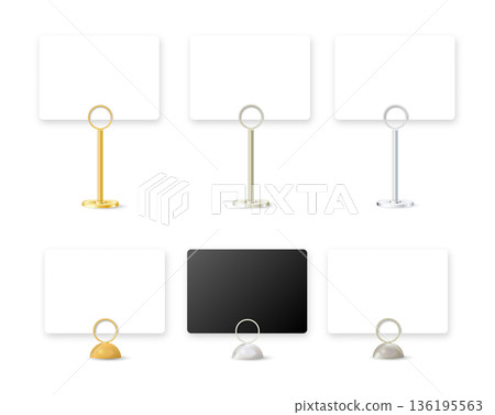 Metal card holder stand with clip for memo display on table. Blank sign template for business info, restaurant menu, or office desk presentation. Vector Metal card holder stand with clip for memo display on table. Blank sign template for business info, restaurant menu, or office desk presentation. Vector 136195563