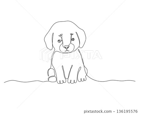 One line sitting puppy. Continuous drawing of pet animal. Linear sketch. Doodle illustration One line sitting puppy. Continuous drawing of pet animal. Linear sketch. Doodle illustration 136195576