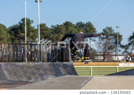 Skateboarder doing a trick in a skate park 136195685
