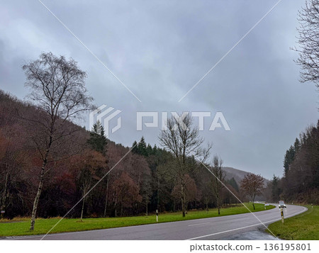 Esch-Sur-Sure, Wiltz, Grand Duche De Luxembourg, December 7, 2025, Damp roadway surrounded by Esch-Sur-Sure, Wiltz, Grand Duche De Luxembourg, December 7, 2025, Damp roadway surrounded by 136195801