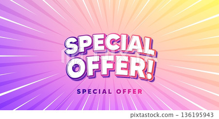 Special offer sun rays gradient banner. Light burst background. Special offer tag. Sale sign. Advertising Discounts symbol. Gradient sun rays. Sunburst light. Vector 136195943