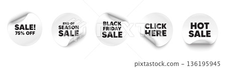 Sale sticker tag. Season sale, Black friday paper price banners. Sale 75 percent off discount. Promotion price offer sign. Retail badge symbol. Click here sticker. Vector 136195945