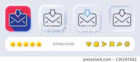 Mail download line icon. Neumorphic, Flat shadow, 3d buttons. Incoming Messages correspondence sign. E-mail symbol. Line incoming Mail icon. Social media icons. Vector Mail download line icon. Neumorphic, Flat shadow, 3d buttons. Incoming Messages correspondence sign. E-mail symbol. Line incoming Mail icon. Social media icons. Vector 136195982