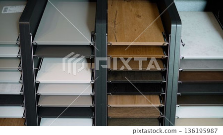 Material samples displaying wood grain and stone textures 136195987