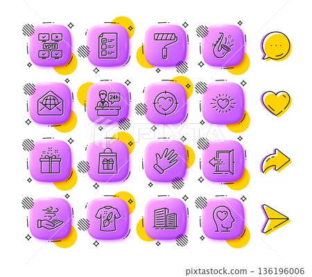 Holidays shopping, T-shirt design and Reception desk line icons. App 3d buttons. Social media comment, share, like icons. Pack of Online voting, Wind energy, Buildings icon. Vector 136196006