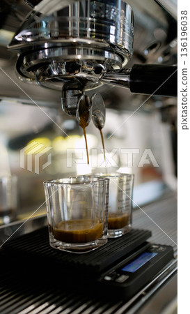 Professional espresso machine pouring double shot coffee 136196038