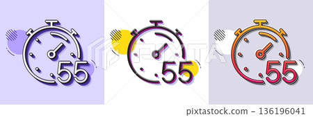 Timer 55 minutes line icon. Halftone dotted pattern. Gradient icon with grain shadow. Stopwatch time sign. Countdown clock symbol. Line timer icon. Various designs. Vector 136196041