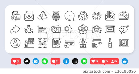 Agreement document, Delivery truck and Accounting report line icons pack. Social media: share, comment, like icons. Avatar, Horizontal chart, Sale web icon. Vector 136196050