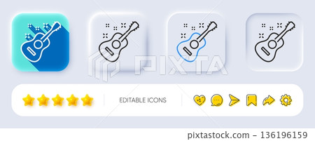 Acoustic guitar line icon. Neumorphic, Flat shadow, 3d buttons. Music sign. Musical instrument symbol. Line guitar icon. Social media icons. Vector Acoustic guitar line icon. Neumorphic, Flat shadow, 3d buttons. Music sign. Musical instrument symbol. Line guitar icon. Social media icons. Vector 136196159