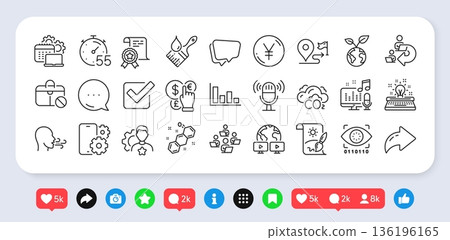 Brush, Journey and Jobless line icons pack. Social media: share, comment, like icons. Money currency, Brand, Save planet web icon. Phone service, Certificate, Breathing exercise pictogram. Vector 136196165
