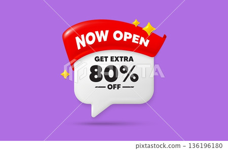 Extra discount chat speech bubble. Now open flag ribbon. Get Extra 80 percent off Sale. Discount offer price sign. Special offer symbol. Save 80 percentages. 3d sparkle stars speech bubble. Vector Extra discount chat speech bubble. Now open flag ribbon. Get Extra 80 percent off Sale. Discount offer price sign. Special offer symbol. Save 80 percentages. 3d sparkle stars speech bubble. Vector 136196180