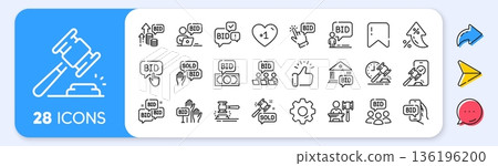 Auction line icons. Interest rate, AI generate, Inflation icons. Deal hammer, bid offer and law justice act set. Judge gawel, vote hand and bid price line icons. Vector Auction line icons. Interest rate, AI generate, Inflation icons. Deal hammer, bid offer and law justice act set. Judge gawel, vote hand and bid price line icons. Vector 136196200