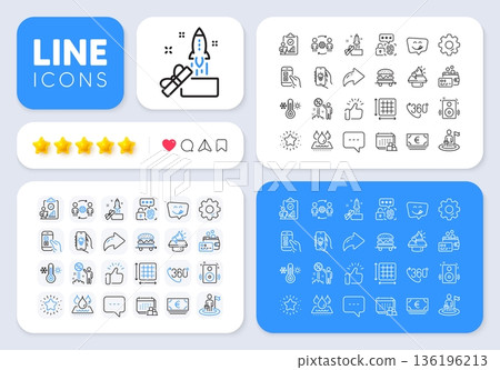 Yummy smile, Innovation and Food delivery line icons for web app. Message, Share, Like social media icons. Pack of Mobile survey, Thermometer, Discount pictogram icons. Vector 136196213