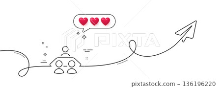 Interview job line icon. Continuous line with share plane. Business management sign. Human resources symbol. Hearts rate review in speech bubble. Interview job single line ribbon. Vector 136196220