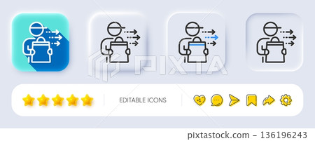 Food delivery line icon. Neumorphic, Flat shadow, 3d buttons. Courier with order sign. Catering service symbol. Line food delivery icon. Social media icons. Vector 136196243