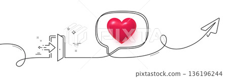 Entrance line icon. Continuous line with share plane. Entry door sign. Building exit symbol. 3d heart in speech bubble. Entrance single line ribbon. Loop curve pattern. Vector 136196244