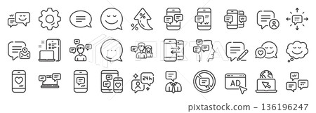 Message sms and Communication icons. Settings gear, Message, Inflation icons. Group chat, Conversation and Speech bubbles icons. SMS communication, Phone chat and Stop talking symbols. Vector 136196247