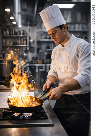 專業廚師在商業廚房進行火焰烹飪 136196341