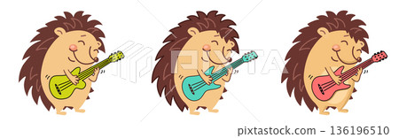 The hedgehog himself plays the guitar. music on a white background. allows you to listen and download songs. Vector illustration The hedgehog himself plays the guitar. music on a white background. allows you to listen and download songs. Vector illustration 136196510