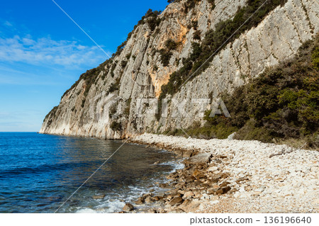 Majestic Cliffside Coastline With Rocky Beach and Deep Blue Sea Under Clear Sky 136196640