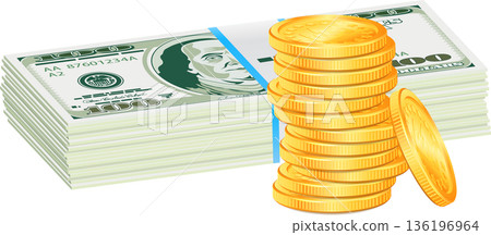 Stack of Dollar and Gold Coins 136196964