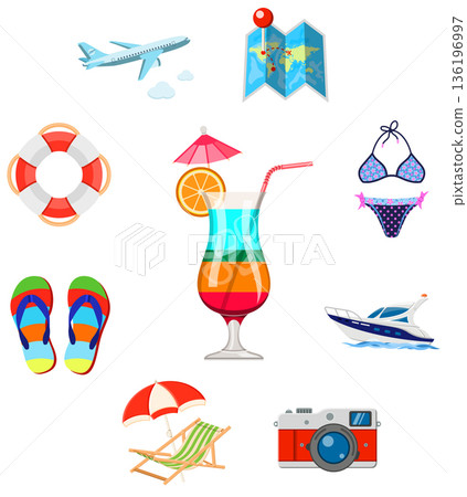 Vacation and Tourism Flat Icons Set 136196997