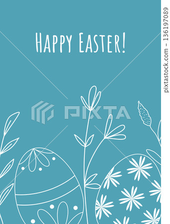 Easter card with white silhouette of painted eggs and grass 136197089