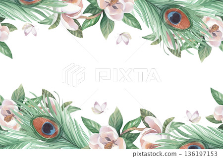 Frame of peacock feathers, butterfly and branch of blooming magnolia. Handmade watercolor illustration. For cards, cover, wallpaper, prints, product labels and fabric. 136197153