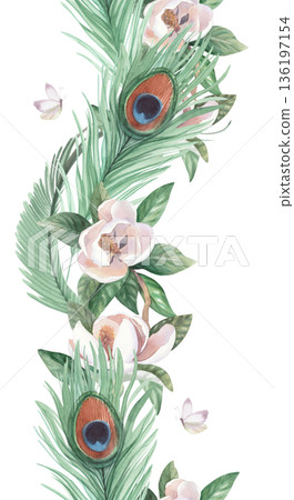 Vertical seamless border of peacock feathers, butterfly and branch of blooming magnolia. Handmade watercolor illustration. For cards, cover, wallpaper, prints, product labels and fabric. 136197154