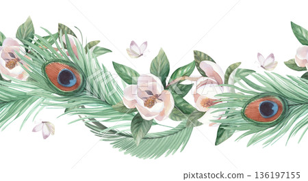Seamless border of peacock feathers, butterfly and branch of blooming magnolia. Handmade watercolor illustration. For cards, cover, wallpaper, prints, product labels and fabric. 136197155