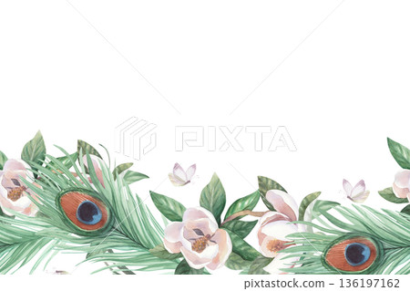 Horizontal seamless border of peacock feathers, butterfly and branch of blooming magnolia. Handmade watercolor illustration. For cards, cover, wallpaper, prints, product labels and fabric. 136197162