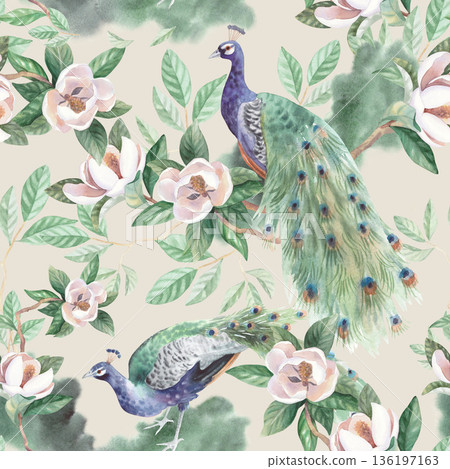 Seamless pattern of magnolia and peacocks on a beige color background. Handmade watercolor illustration. For cards, cover, wallpaper, prints, product labels and fabric. 136197163