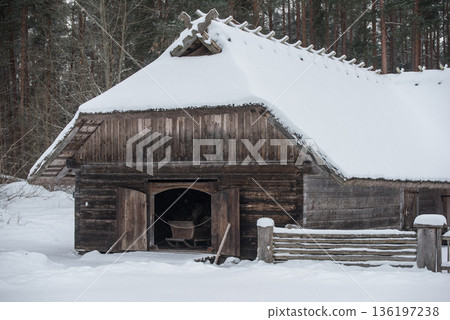Latvian old wooden barn. Riga, Latvia Latvian old wooden barn. Riga, Latvia 136197238