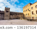 View of the ancient medieval walls of Vitoria-Gasteiz, featuring stone battlements and a central 136197314