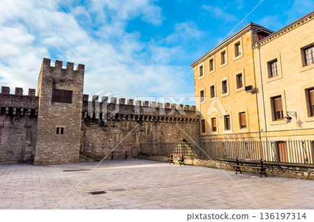View of the ancient medieval walls of Vitoria-Gasteiz, featuring stone battlements and a central 136197314