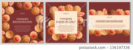 A set of colorful backgrounds with delicious cookies. The concept of confectionery, baking, cooking. Vector illustration for the design of posters, flyers, postcards, invitations 136197336
