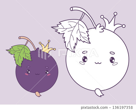 Cute Blackcurrant Princess. Coloring Page. Isolated Color and Outline Sweet Cartoon Berry Currant Character in Crown. Vector illustration. Kids Collection Cute Blackcurrant Princess. Coloring Page. Isolated Color and Outline Sweet Cartoon Berry Currant Character in Crown. Vector illustration. Kids Collection 136197358